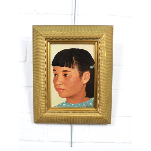 131 - WEI LI ZHOU (CHINESE CONTEMPORARY), PORTRAIT OF JAJA, signed oil on board, framed, 11 x 16cm.  Prove... 