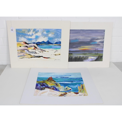 135 - JAMES THOMSON GUNN (Scottish 1932 - 2009), three mixed media landscapes, mounted but unframed, signe... 