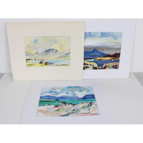 136 - JAMES THOMSON GUNN (Scottish 1932 - 2009), three mixed media landscapes to include Loch Lomond, moun... 