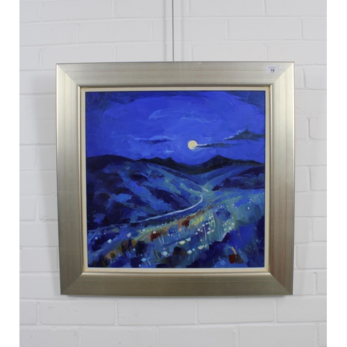 19 - KELI CLARK (CONTEMPORARY) MYSTIC BLUE, signed oil on canvas, framed and inscribed verso, 49 x 49cm