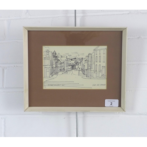 2 - RICHARD DEMARCO (SCOTTISH b. 1930), HIDE HILL, BERWICK, ink sketch, signed and dated 1968, framed un... 