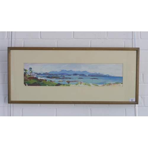 21 - CHRISTOPHER JOHNSON (b. 1961) LOOKING WEST FROM MORAR TOWARDS RHUM, signed mixed media, framed under... 