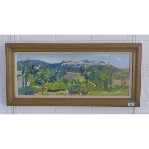 22 - CHRISTOPHER JOHNSON (b. 1961) MONTALCINO FROM THE ORCHARD, signed oil pn card, framed under glass wi... 