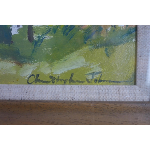 22 - CHRISTOPHER JOHNSON (b. 1961) MONTALCINO FROM THE ORCHARD, signed oil pn card, framed under glass wi... 