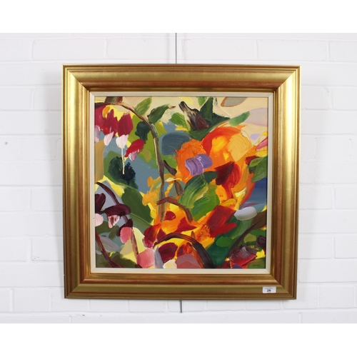 26 - SHONA BARR (SCOTTISH b.1965) BRIGHT FLOWERS, signed oil on canvas, framed with labels verso, Provena... 