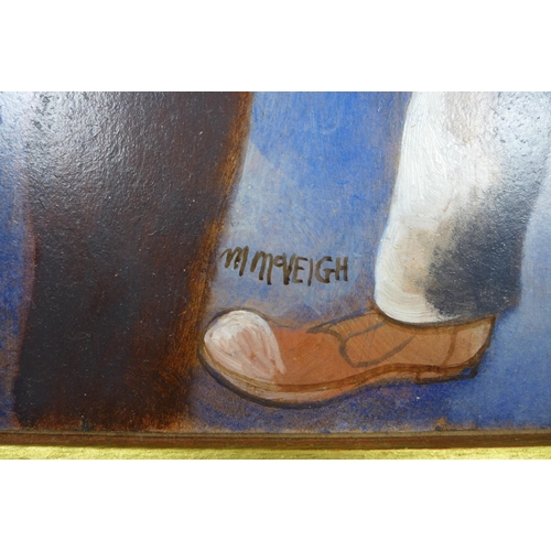 31 - MICHAEL MCVEIGH (SCOTTISH b1957), AN ANGEL IN OOR MIDST, signed oil on board, framed and inscribed v... 