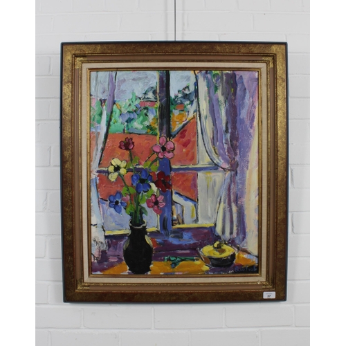 37 - PACO FIOL (FRENCH b.1939), BOUQUET SUR LA FENÊTRE, oil on canvas, signed, framed, 53 x 63cm.  Galeri... 