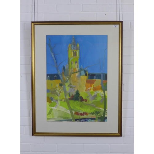 39 - CLAIRE HARRIGAN RSW (SCOTTISH b. 1964), GLASGOW UNIVERSITY, mixed media on paper, signed and framed ... 