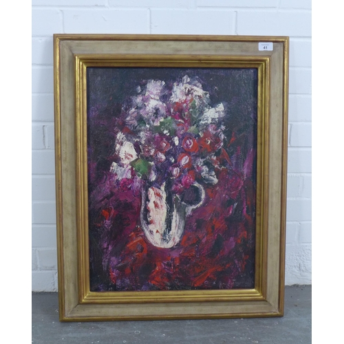 41 - Circle of Anne Redpath, still life vase of flowers, oil on canvas with inscribed signature, under gl... 