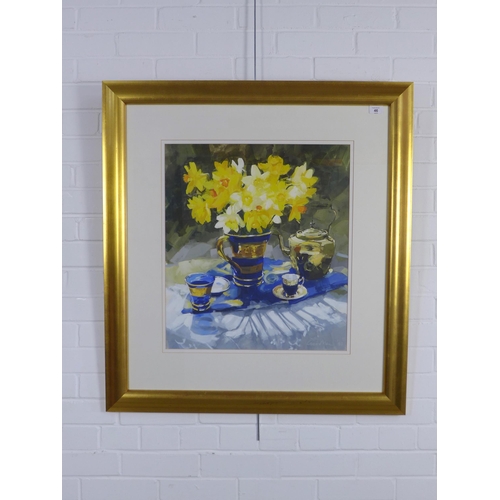 46 - GILLIAN GOODHEIR DA (SCOTTISH 1949 - 2022), BLUE & GOLD, gouache,  signed and dated 04,  framed unde... 