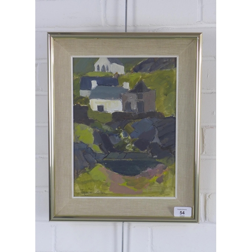 54 - SHEILA MACMILLAN,  DA PAI (SCOTTISH 1928 - 2018), CULLIPOOL WITH CHURCH, signed acrylic on board, fr... 