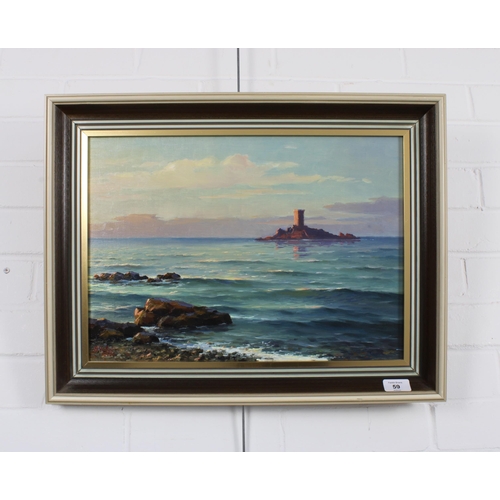 59 - UKRAINIAN SCHOOL, untitled seascape with an island turret, oil on canvas, signed indistinctly and da... 