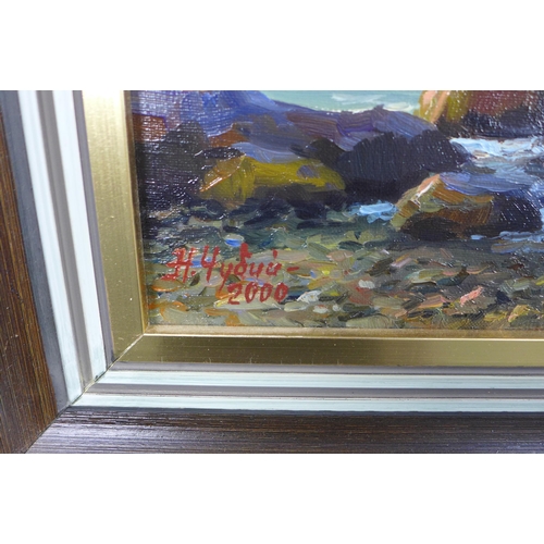 59 - UKRAINIAN SCHOOL, untitled seascape with an island turret, oil on canvas, signed indistinctly and da... 