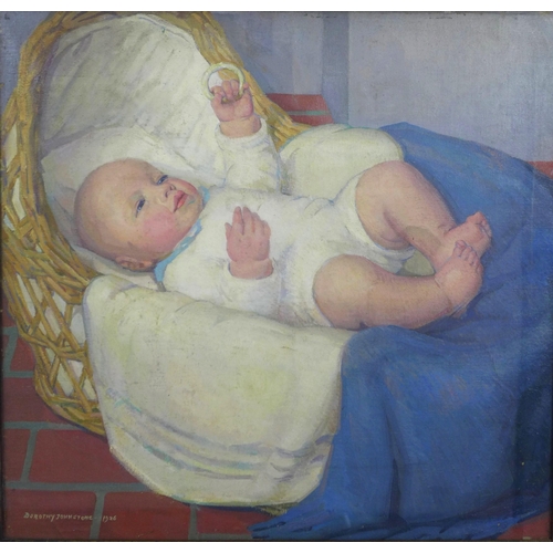 61 - DOROTHY JOHNSTONE A.R.S.A (SCOTTISH 1892-1980), A BABY - IAIN IN HIS COT 1926, signed oil on canvas,... 