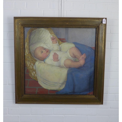 61 - DOROTHY JOHNSTONE A.R.S.A (SCOTTISH 1892-1980), A BABY - IAIN IN HIS COT 1926, signed oil on canvas,... 