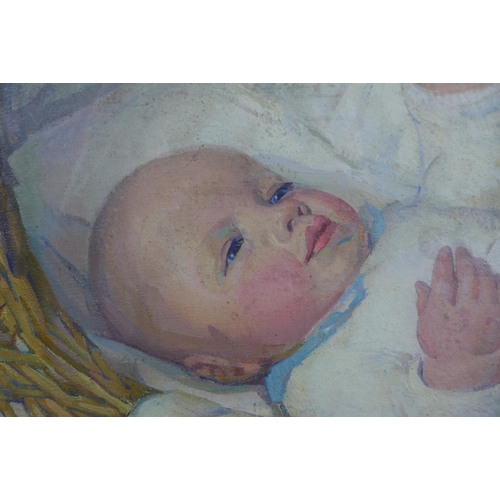 61 - DOROTHY JOHNSTONE A.R.S.A (SCOTTISH 1892-1980), A BABY - IAIN IN HIS COT 1926, signed oil on canvas,... 