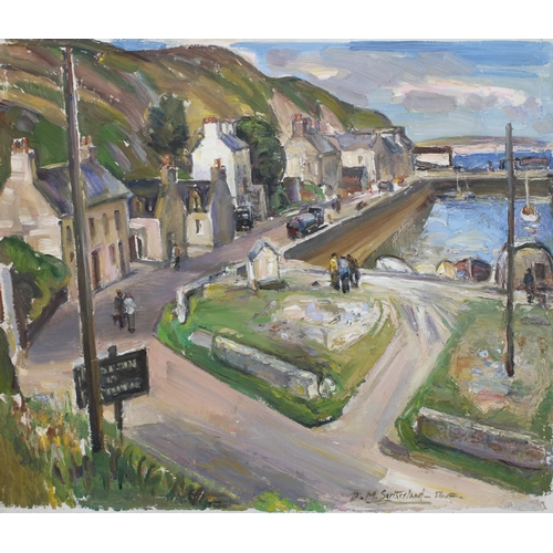 63 - DAVID MACBETH SUTHERLAND R.S.A. (SCOTTISH 1883-1974), Untitled harbour village scene, oil on board, ... 