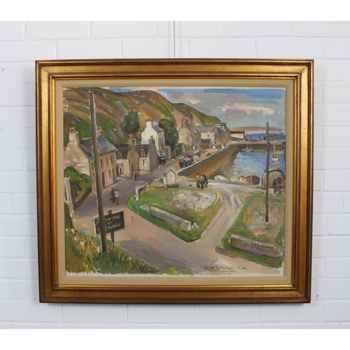 63 - DAVID MACBETH SUTHERLAND R.S.A. (SCOTTISH 1883-1974), Untitled harbour village scene, oil on board, ... 