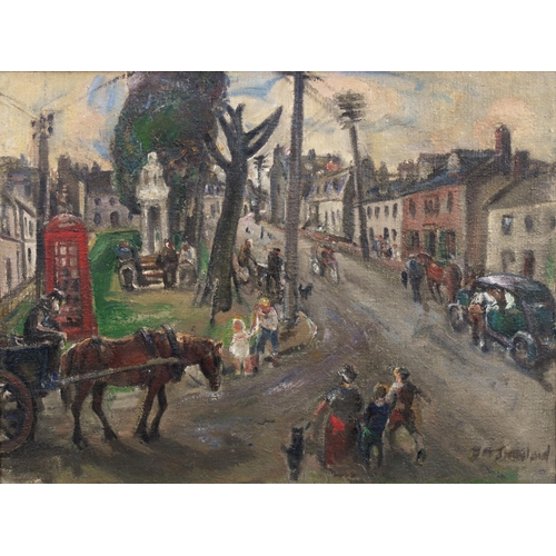 64 - DAVID MACBETH SUTHERLAND R.S.A. (SCOTTISH 1883-1974), VILLAGE ROAD WITH RED TELEPHONE BOX, signed oi... 