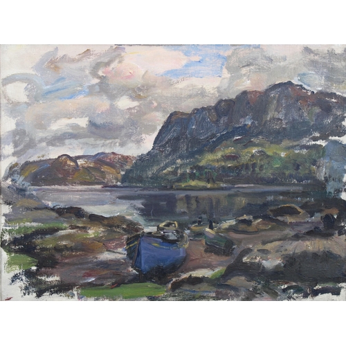 66 - DAVID MACBETH SUTHERLAND R.S.A. (SCOTTISH 1883-1974), LOOKING TOWARDS DUNCRAIG FROM PLOCKTON, oil on... 