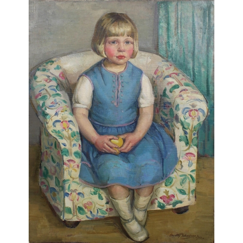 68 - DOROTHY JOHNSTONE A.R.S.A (SCOTTISH 1892-1980), GIRL IN ARMCHAIR, signed oil on canvas, on box frame... 