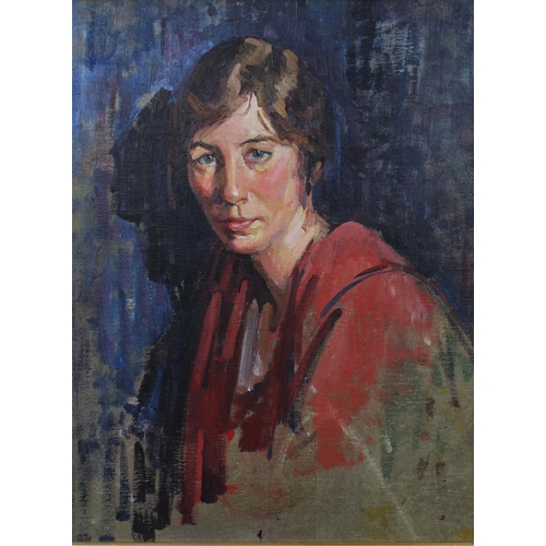 70 - DAVID MACBETH SUTHERLAND R.S.A. (SCOTTISH 1883-1974), WOMAN IN RED SHIRT, oil on canvas, unsigned - ... 