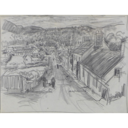 74 - DAVID MACBETH SUTHERLAND R.S.A. (SCOTTISH 1883-1974), VILLAGE LANE, charcoal drawing, signed and fra... 