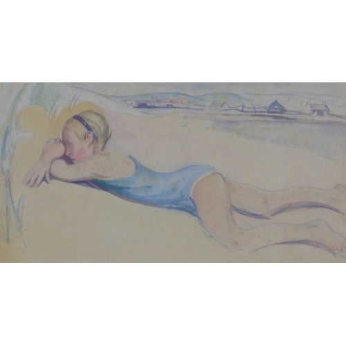 76 - DOROTHY JOHNSTONE A.R.S.A (SCOTTISH 1892-1980), OUTSTRETCHED - SUNBATHING, watercolour, unsigned, fr... 