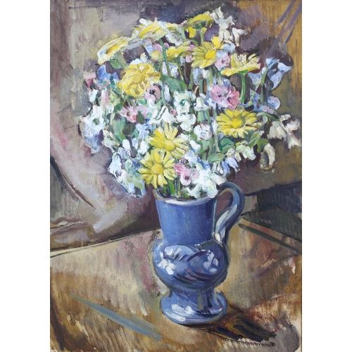 77 - DOROTHY JOHNSTONE A.R.S.A (SCOTTISH 1892-1980), FLOWERS IN A BLUE VASE, oil on board, unsigned, fram... 