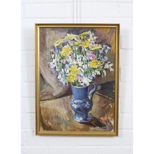 77 - DOROTHY JOHNSTONE A.R.S.A (SCOTTISH 1892-1980), FLOWERS IN A BLUE VASE, oil on board, unsigned, fram... 