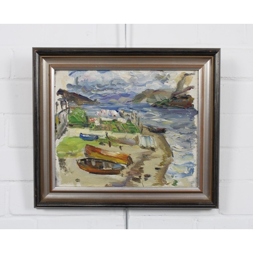 78 - DAVID MACBETH SUTHERLAND R.S.A. (SCOTTISH 1883-1974), PLOCKTON, oil on board, inscribed verso, frame... 