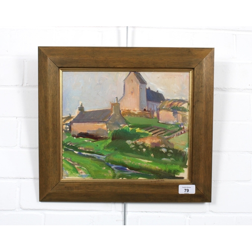 79 - DAVID MACBETH SUTHERLAND R.S.A. (SCOTTISH 1883-1974), untitled oil on board of a country village wit... 