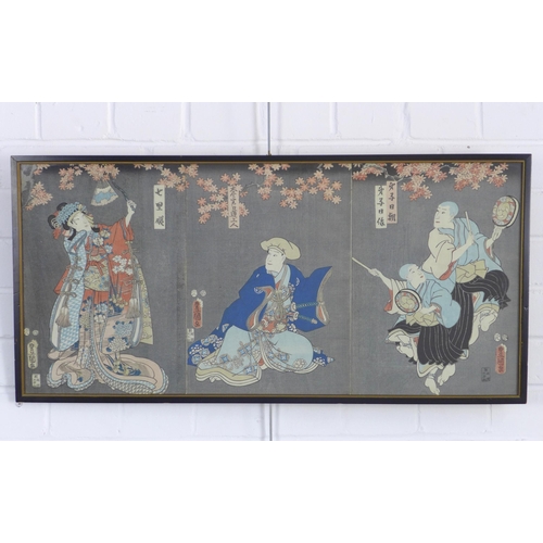 85 - JAPANESE coloured prints, in a single frame, 77 x 37cm including frame