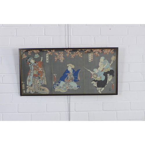 85 - JAPANESE coloured prints, in a single frame, 77 x 37cm including frame