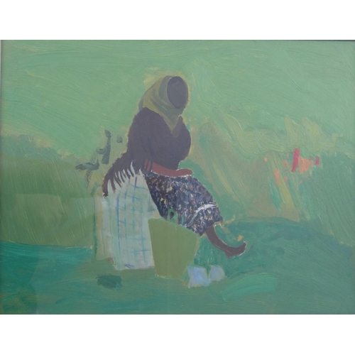 90 - DAVID MICHIE O.B.E., R.S.A., R.G.I., F.R.S.A (SCOTTISH 1928-2015), SEATED WOMAN, NAZARE, oil on boar... 