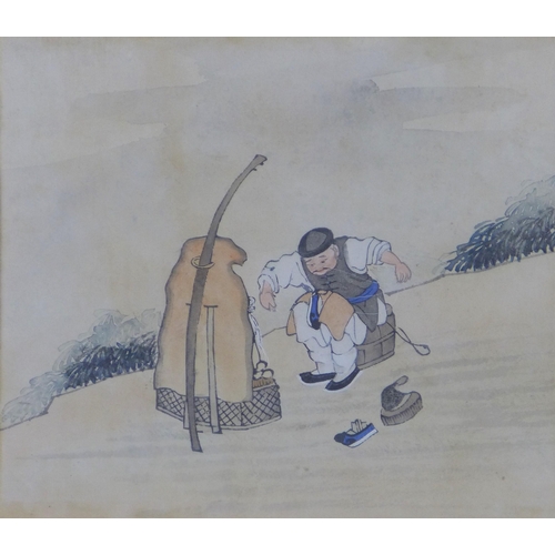 93 - 18TH CENTURY CHINESE SCHOOL, unsigned watercolour of a Cobbler, framed under glass, 19 x 16cm