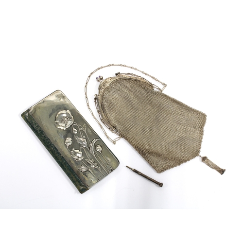 10 - Art Nouveau silver mounted leather wallet, London 1903 13cm, together with a silver chain mesh purse... 