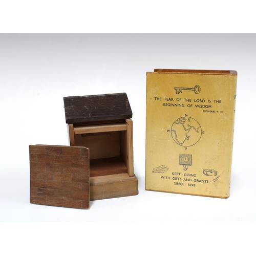 105 - Wooden money boxes, in the form of a book, 15cm, and the other inthe form of a house (2)