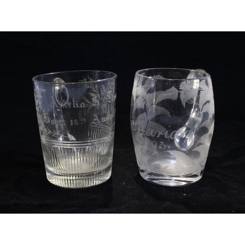 110 - Two victorian etched Christening glasses, together with another with etched hunting scene, and a QEI... 