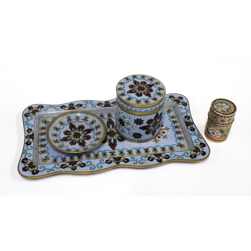 117 - Pale blue cloisonne three part set, with tray 29cm, jar with cover, and dish, together with a small ... 