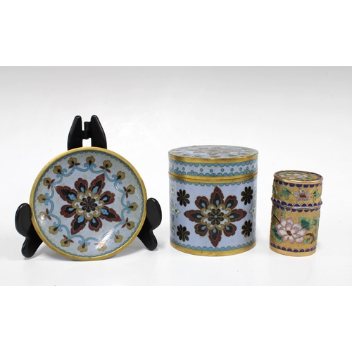 117 - Pale blue cloisonne three part set, with tray 29cm, jar with cover, and dish, together with a small ... 