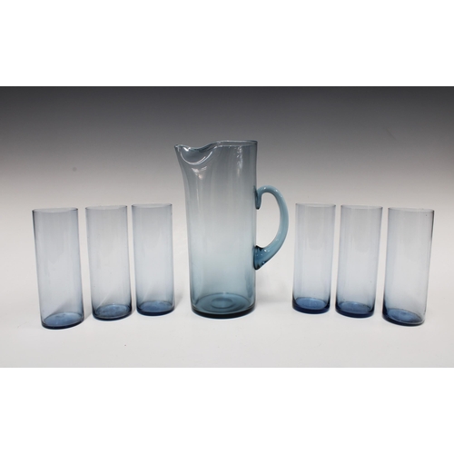 118 - Mid Century pale blue glass lemonade set with stylised  jug and six highball glasses, jug 24cm (7)