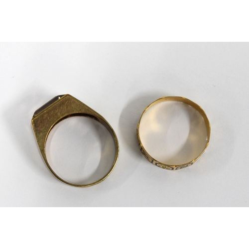 12 - 19th century 18ct gold and enamel 'In memory of' mourning ring and a ring with indistinct marks (2)