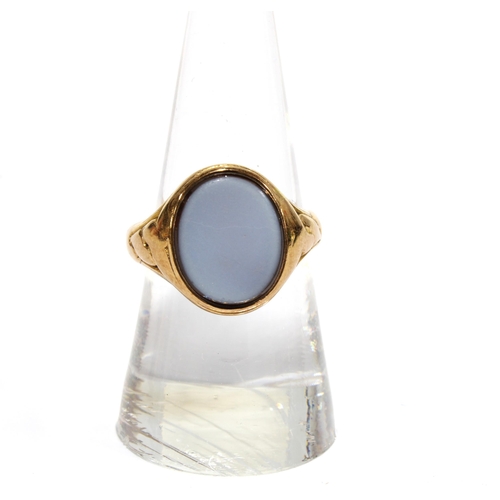 13 - Victorian 15ct gold ring with pale blue hardstone plaque, London 1859