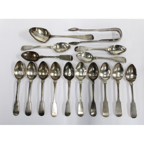 30 - Set of six Georgian silver teaspoons, Glasgow 1822, a set of eight silver teaspoons and sugar tongs,... 