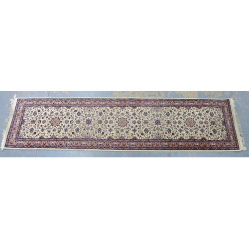 306 - Eastern wool runner with ivory field and allover foliate pattern, 330 x 78cm