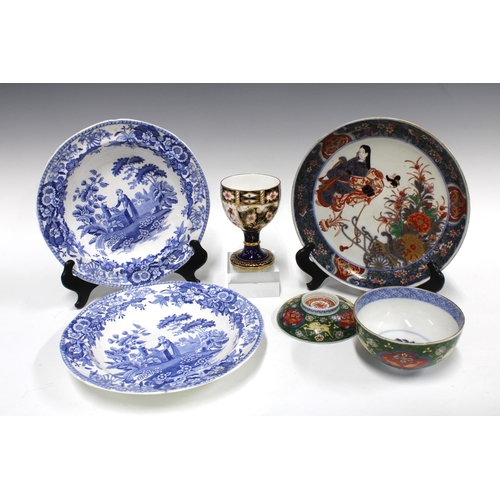 309 - Japanese porcelain plate with figures, a Chinese bowl with cover, two Spode blue and white bowls, an... 