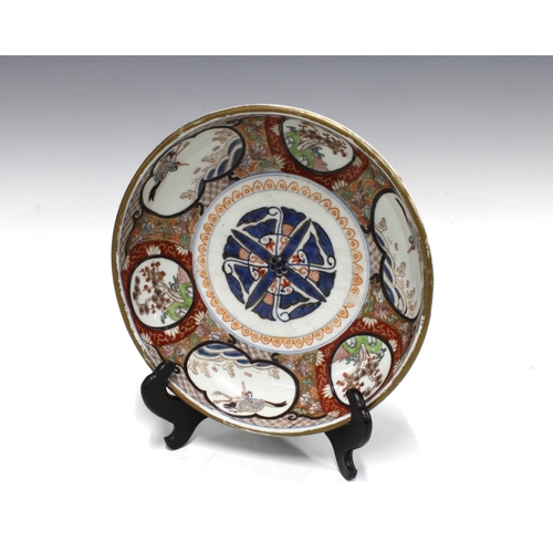 311 - Chinese shallow bowl / plate, with underglaze blue and white decoration and polychrome enamelled vig... 