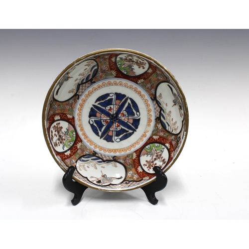 311 - Chinese shallow bowl / plate, with underglaze blue and white decoration and polychrome enamelled vig... 