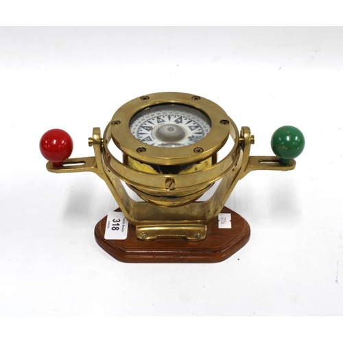 318 - Nautical brass compass, 13 x 24cm